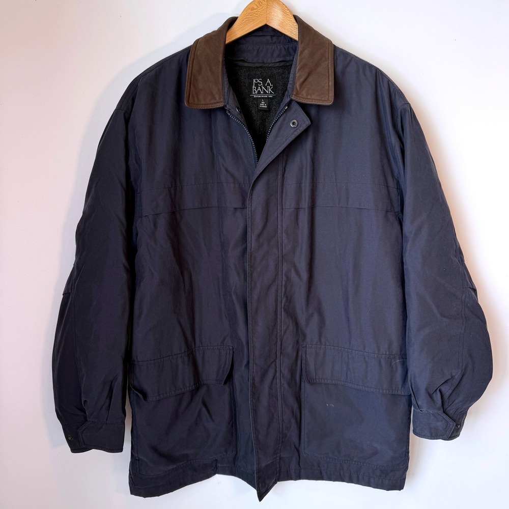 JOS A BANK Barn Coat/Field jacket Navy Blue Leather Collar Fleece Lined Size Lg